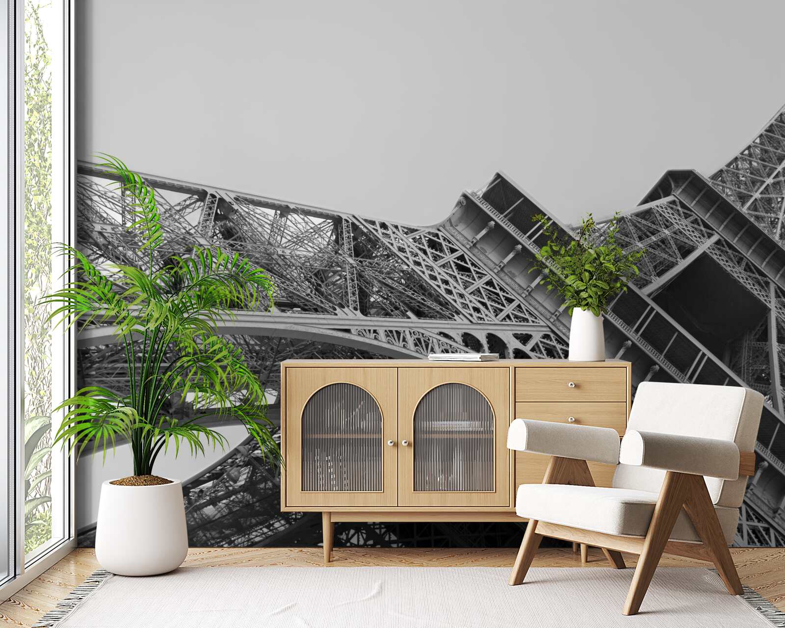 Фотошпалери чорно-білий вид на Ейфелеву вежу знизу