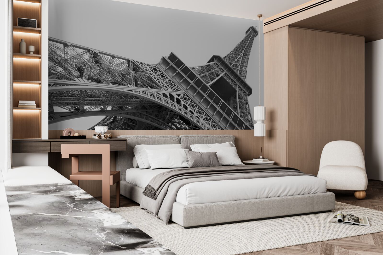 Фотошпалери чорно-білий вид на Ейфелеву вежу знизу