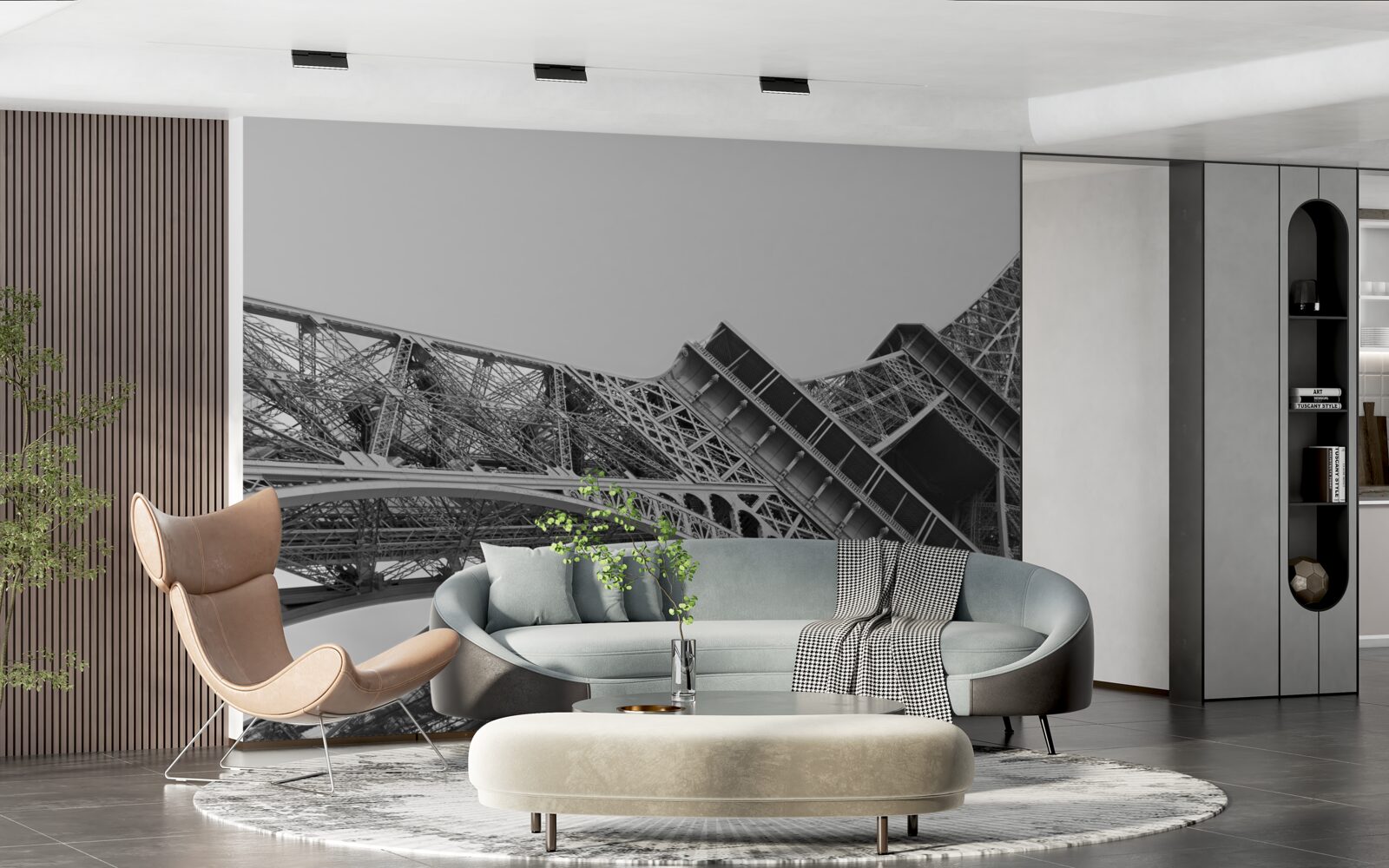 Фотошпалери чорно-білий вид на Ейфелеву вежу знизу