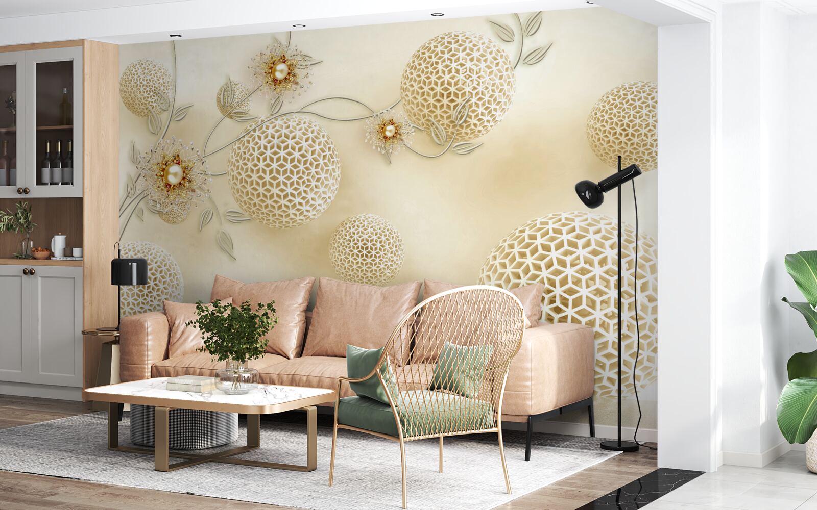 Фотошпалери текстурні кульки, що ширяють у повітрі, та білі квіти