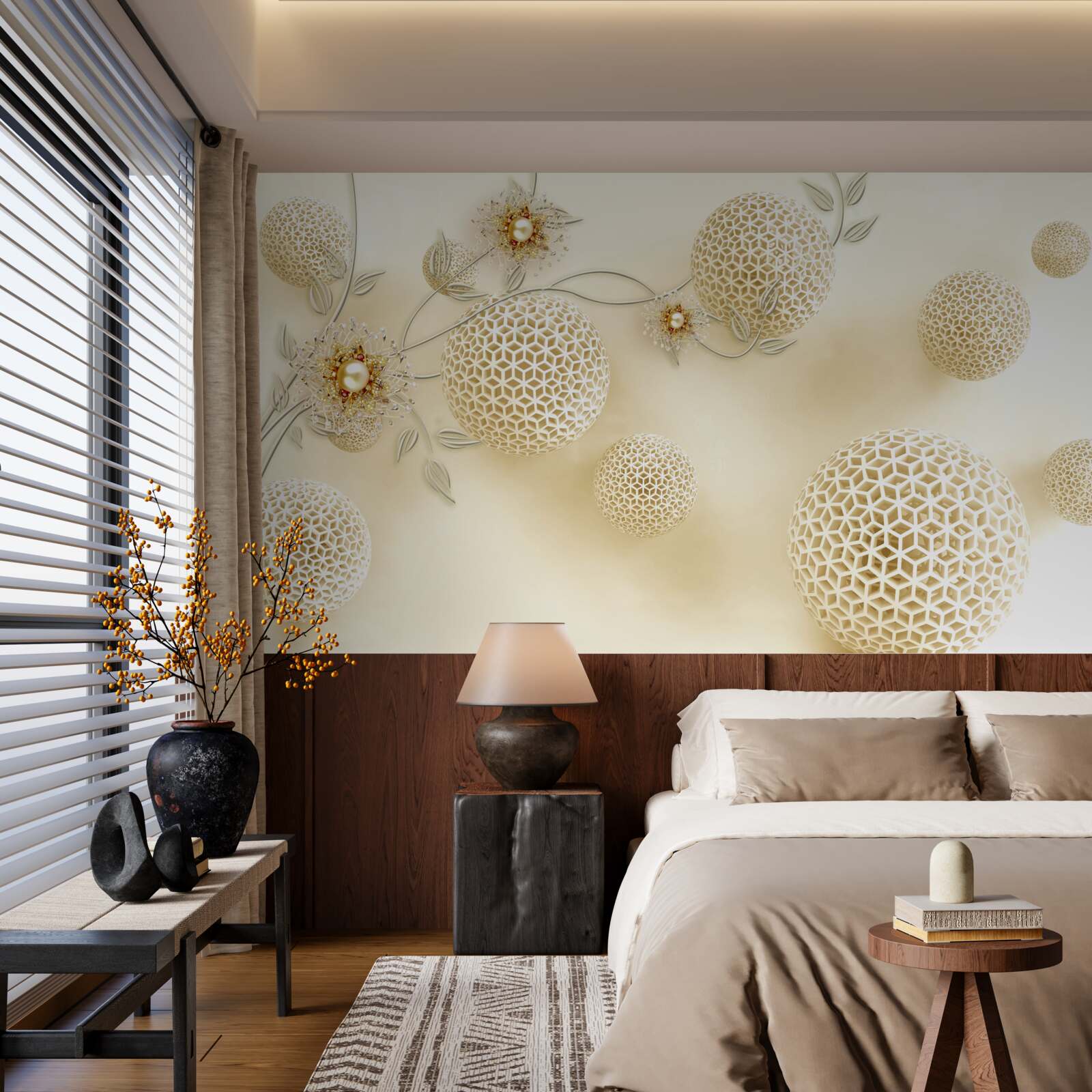 Фотошпалери текстурні кульки, що ширяють у повітрі, та білі квіти