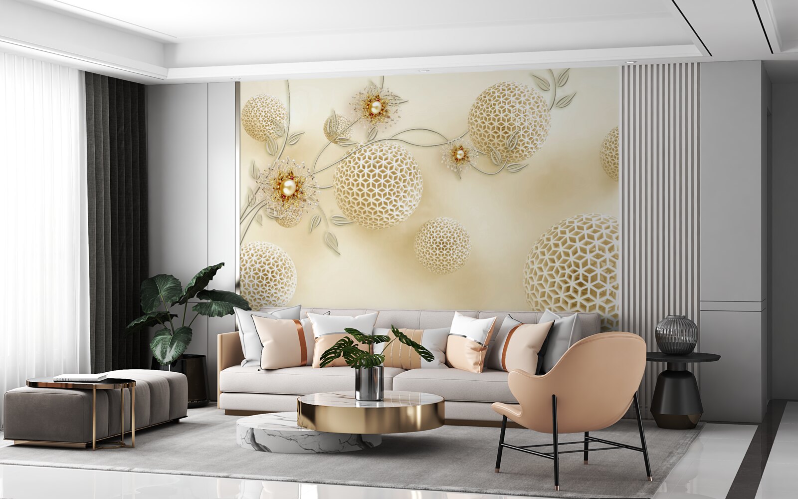 Фотошпалери текстурні кульки, що ширяють у повітрі, та білі квіти