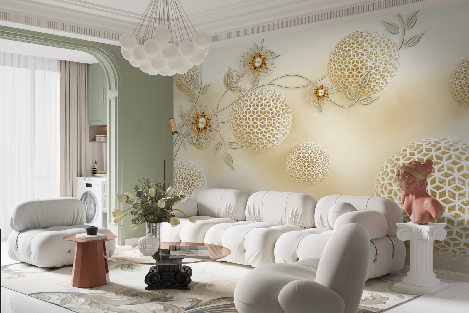 Фотошпалери текстурні кульки, що ширяють у повітрі, та білі квіти