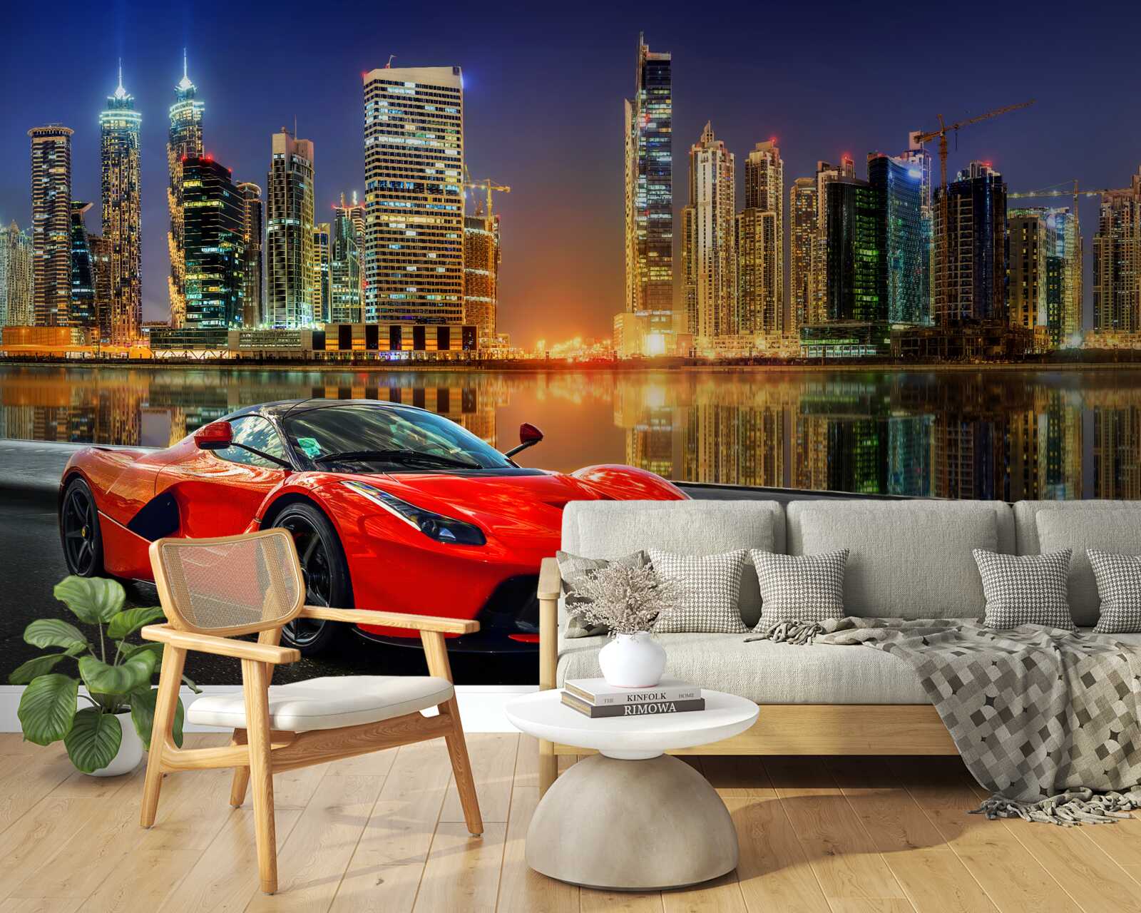 Фотошпалери спортивний автомобіль з нічним міським пейзажем на задньому плані