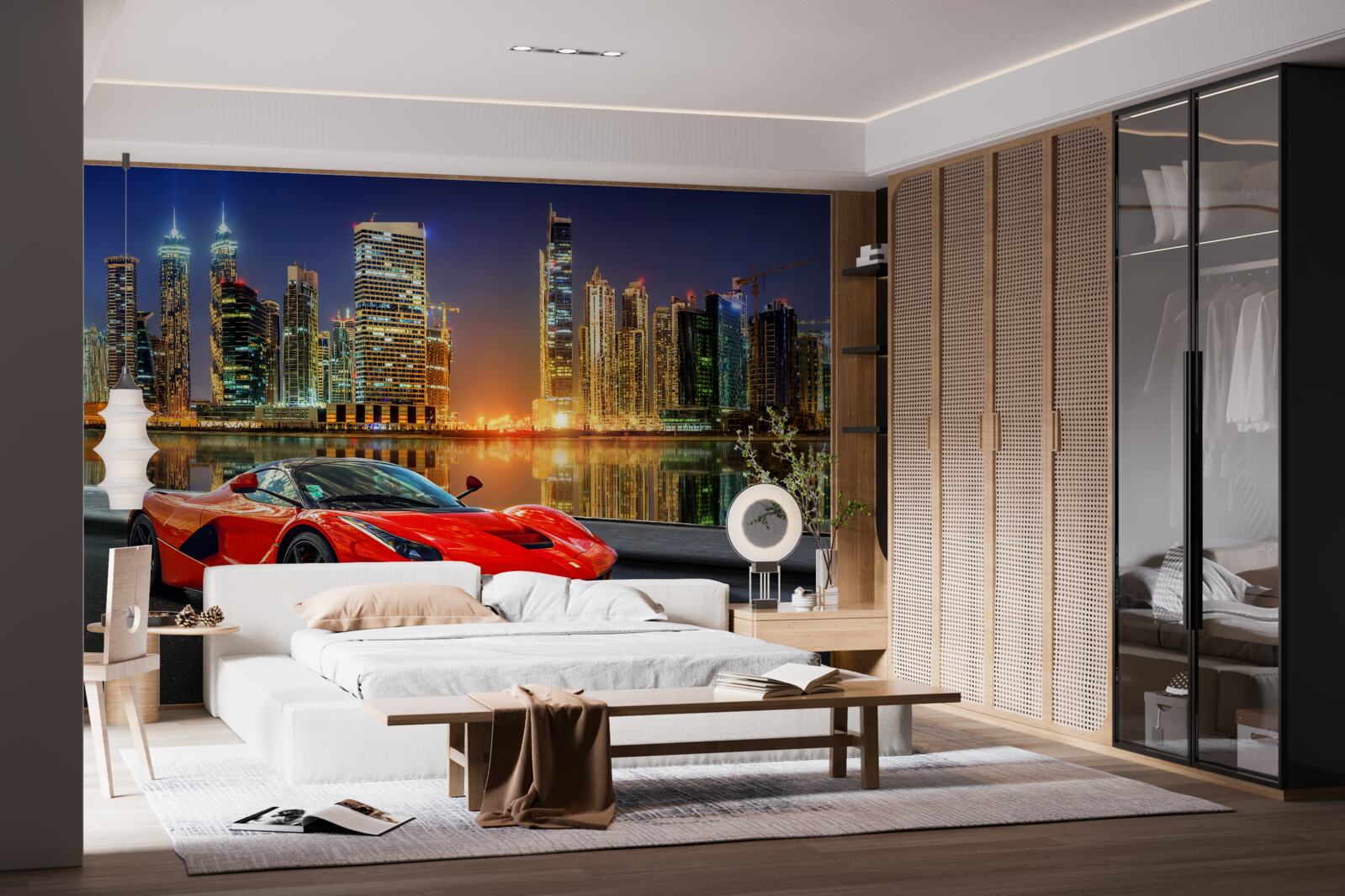 Фотошпалери спортивний автомобіль з нічним міським пейзажем на задньому плані