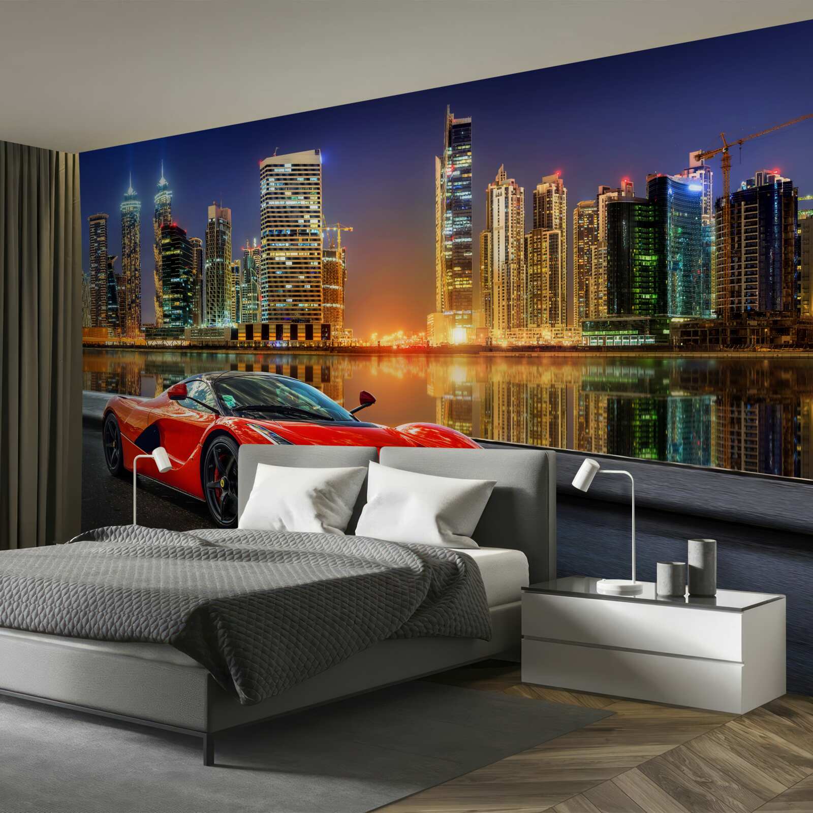 Фотошпалери спортивний автомобіль з нічним міським пейзажем на задньому плані