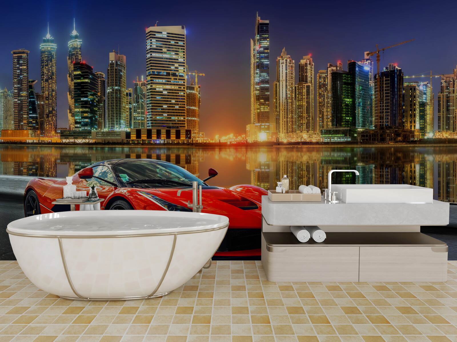 Фотошпалери спортивний автомобіль з нічним міським пейзажем на задньому плані