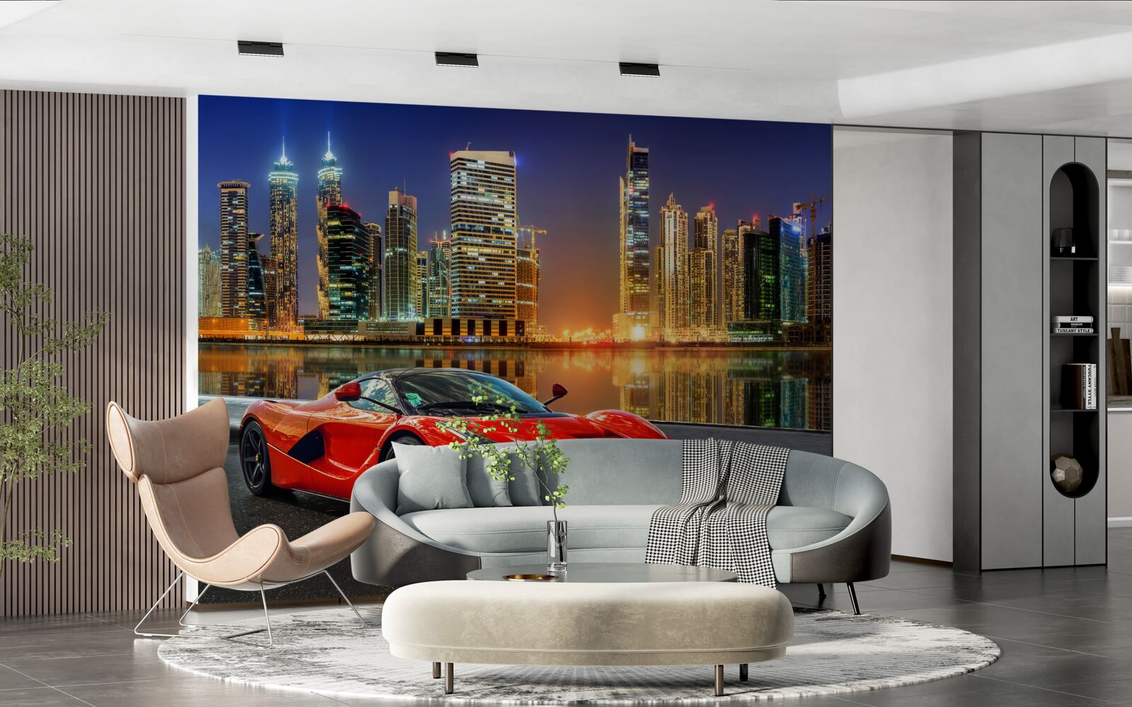 Фотошпалери спортивний автомобіль з нічним міським пейзажем на задньому плані