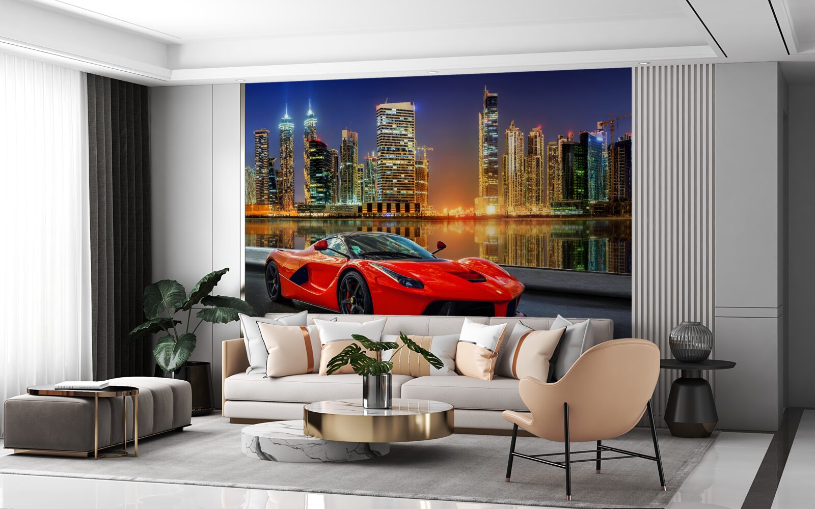 Фотошпалери спортивний автомобіль з нічним міським пейзажем на задньому плані