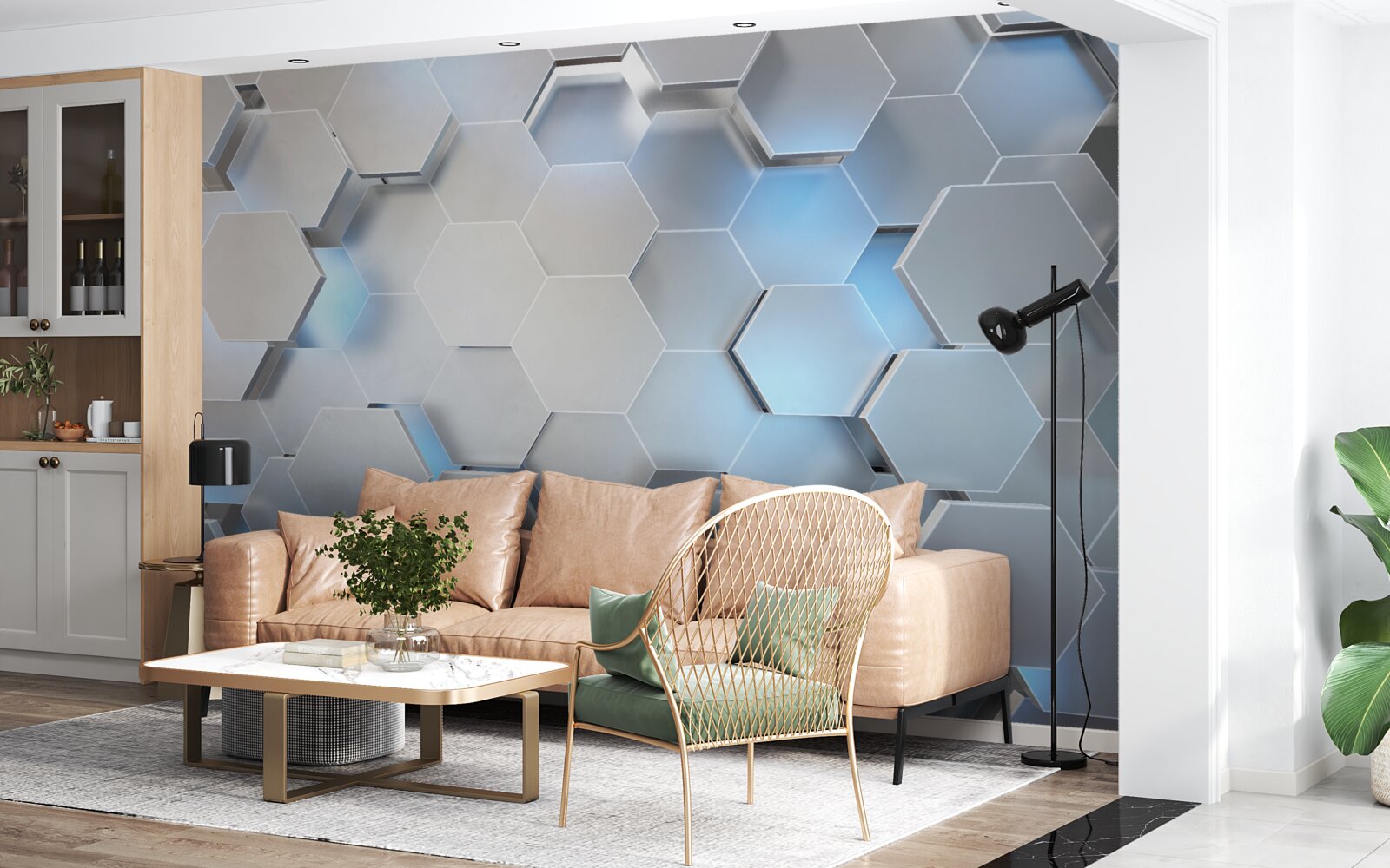 Фотошпалери сірі шестикутники з синім акцентом