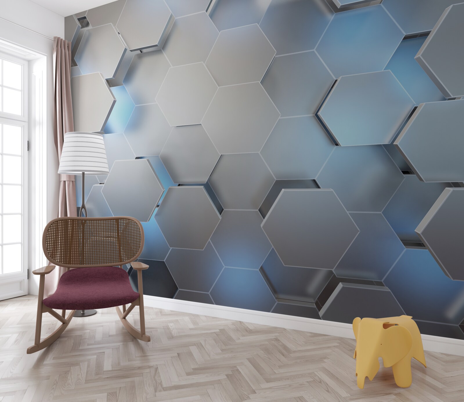 Фотошпалери сірі шестикутники з синім акцентом