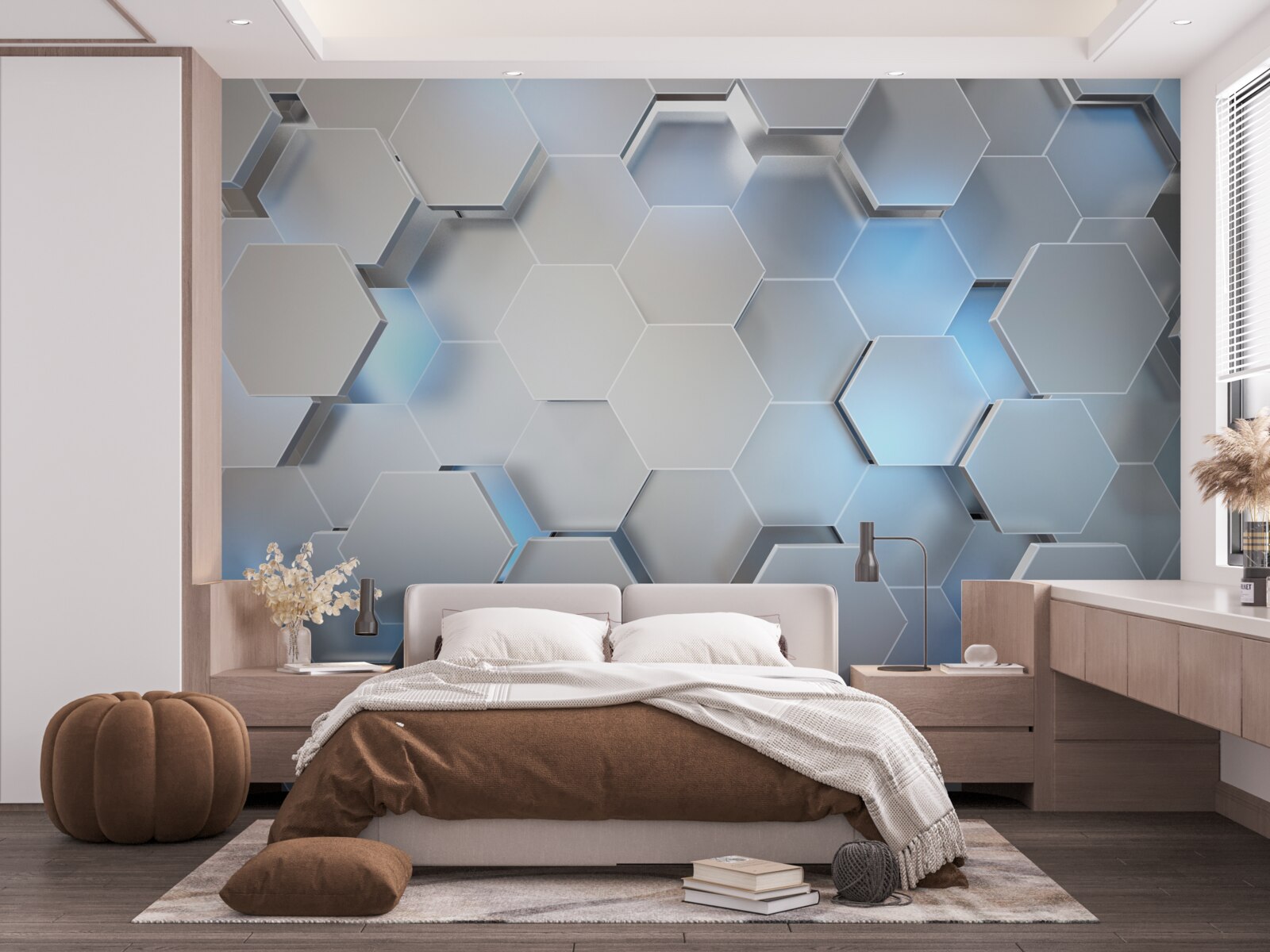 Фотошпалери сірі шестикутники з синім акцентом