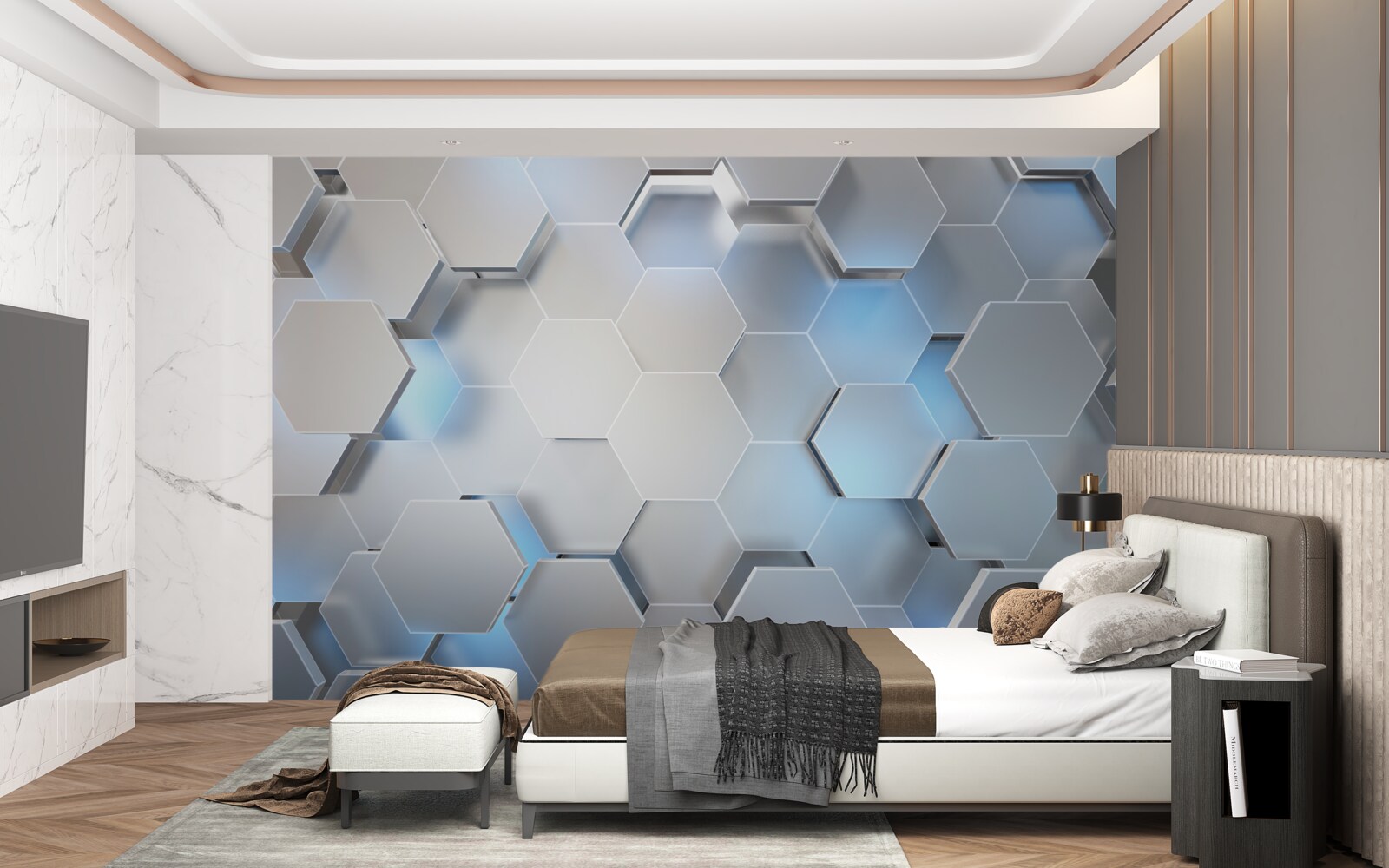 Фотошпалери сірі шестикутники з синім акцентом