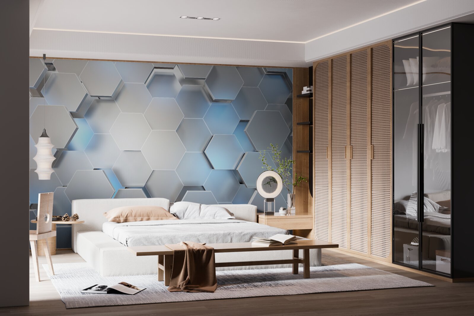 Фотошпалери сірі шестикутники з синім акцентом