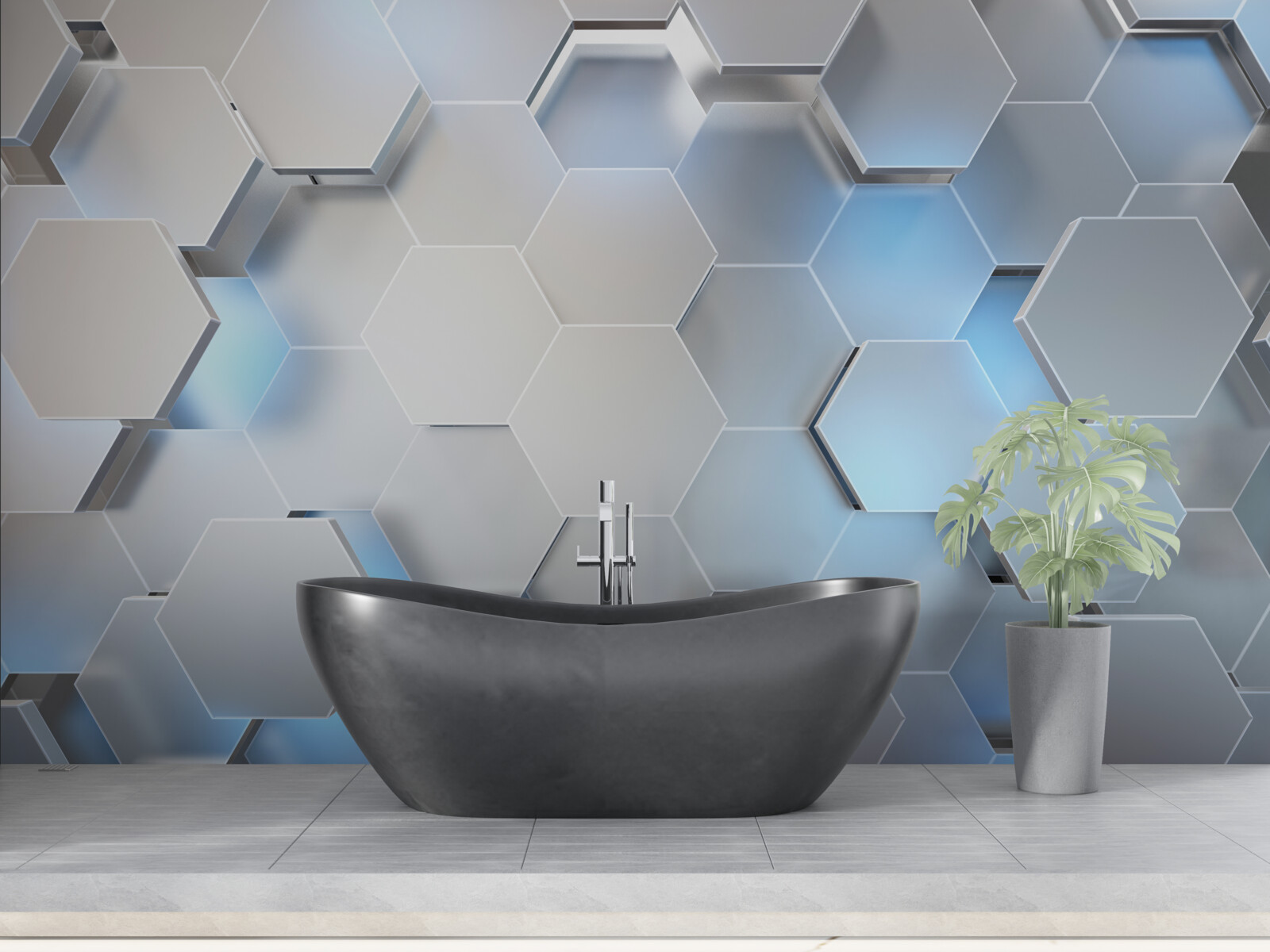 Фотошпалери сірі шестикутники з синім акцентом