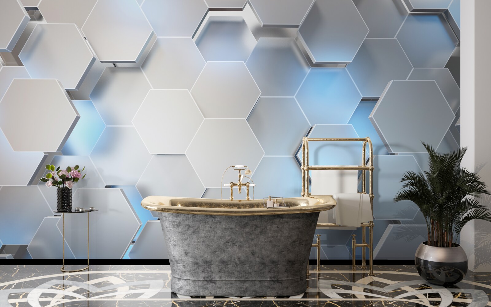 Фотошпалери сірі шестикутники з синім акцентом