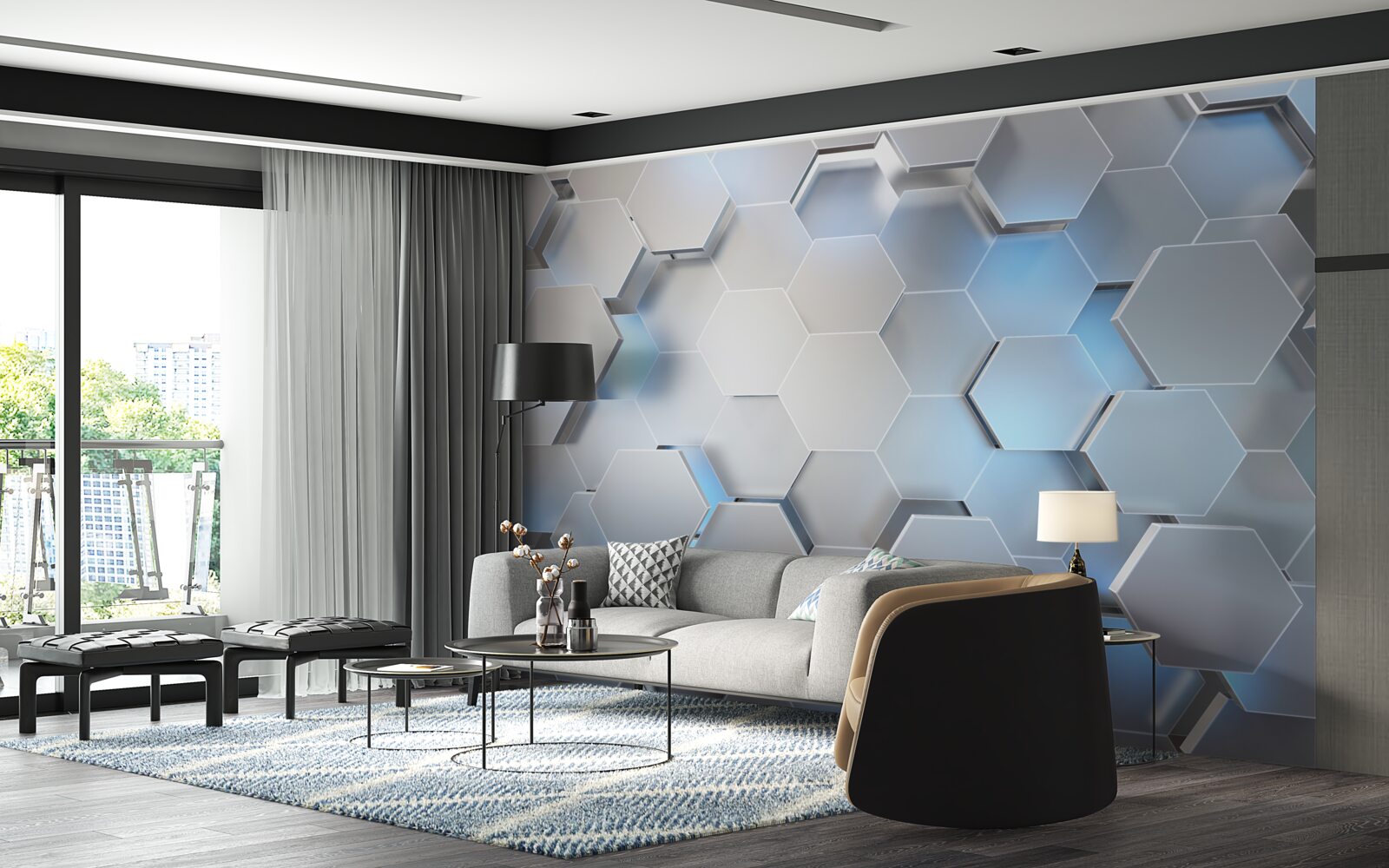 Фотошпалери сірі шестикутники з синім акцентом