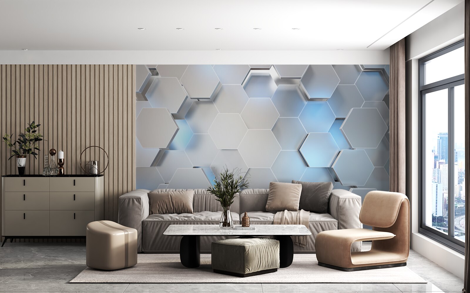 Фотошпалери сірі шестикутники з синім акцентом