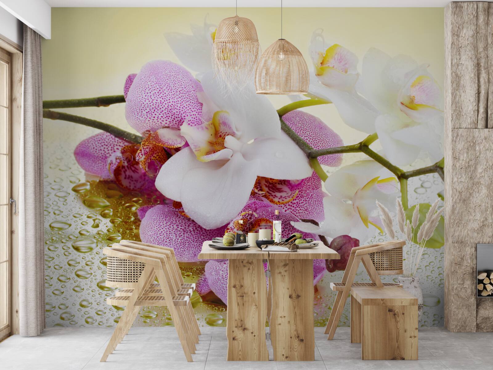 Фотошпалери краплі на гілках чудових орхідей