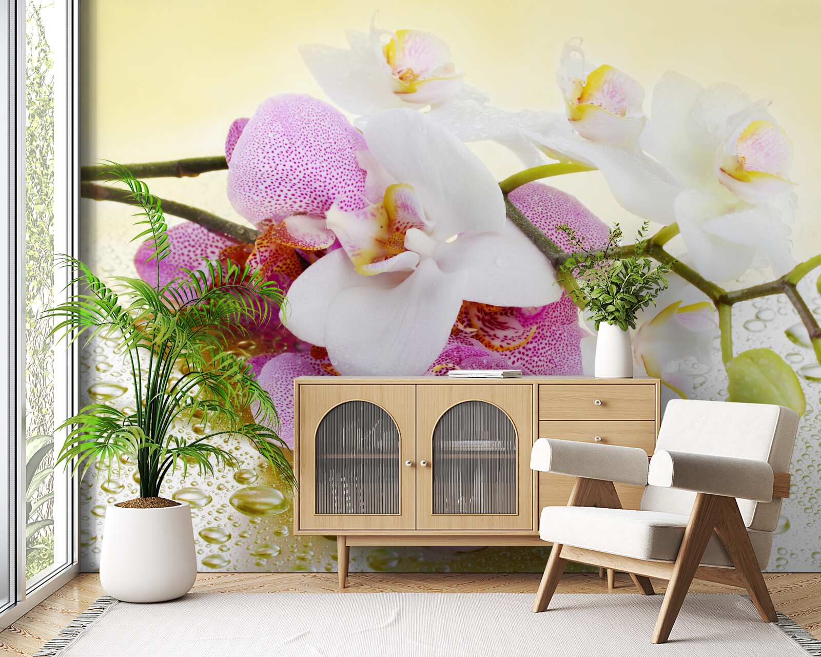 Фотошпалери краплі на гілках чудових орхідей