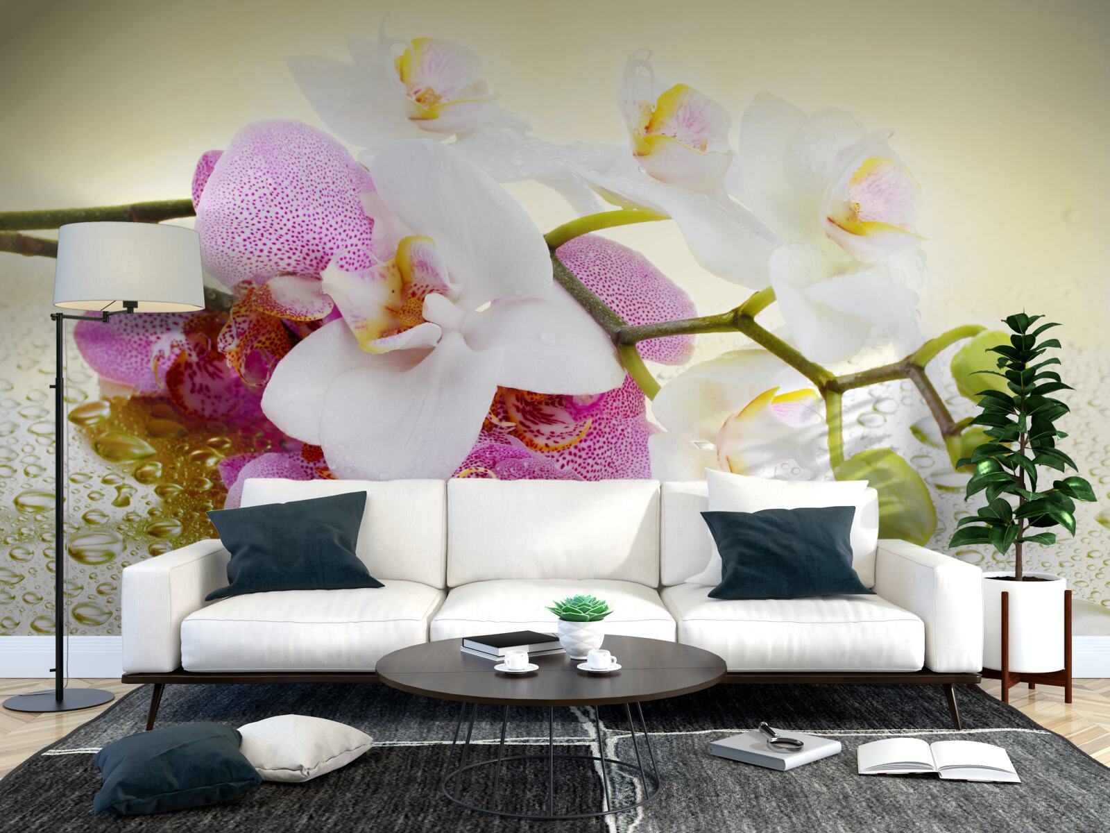 Фотошпалери краплі на гілках чудових орхідей