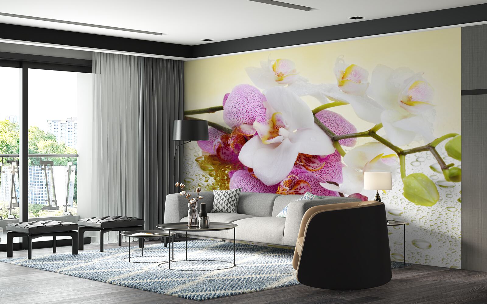 Фотошпалери краплі на гілках чудових орхідей