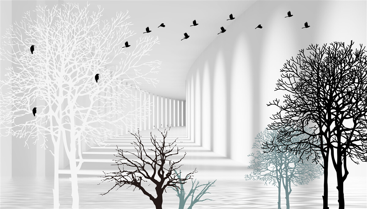 Фотошпалери дерева, що скинули листя, і птахи, які відлітають з приходом осені