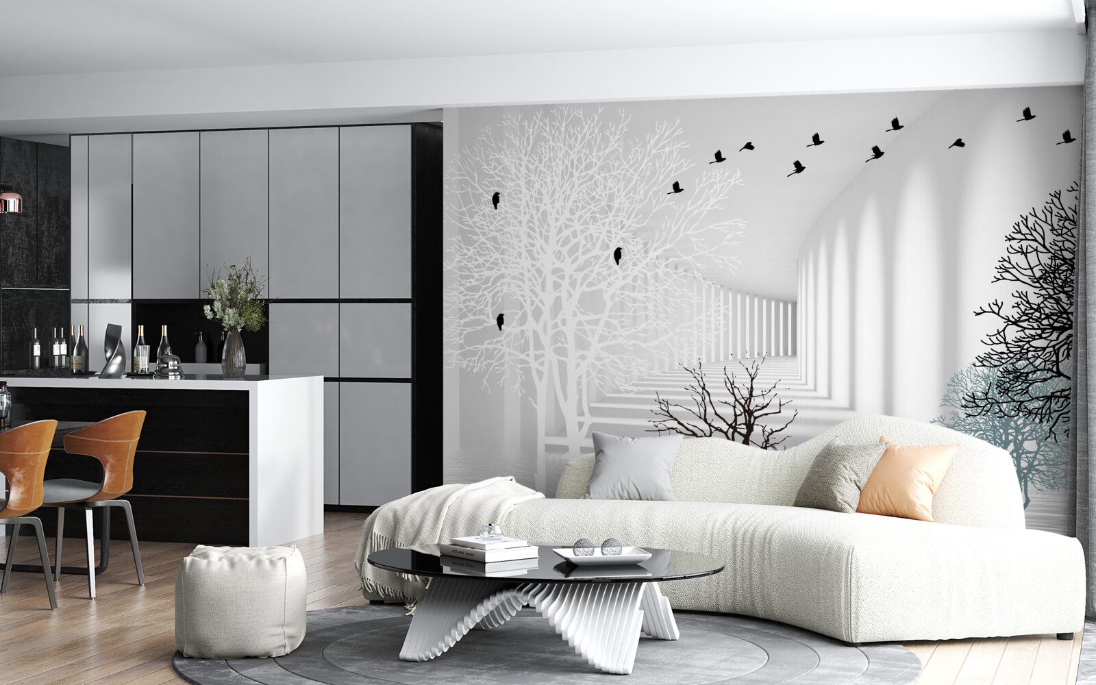 Фотошпалери дерева, що скинули листя, і птахи, які відлітають з приходом осені