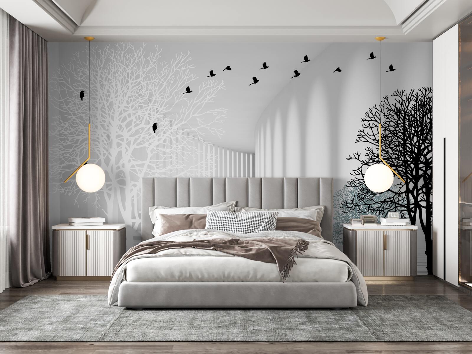 Фотошпалери дерева, що скинули листя, і птахи, які відлітають з приходом осені