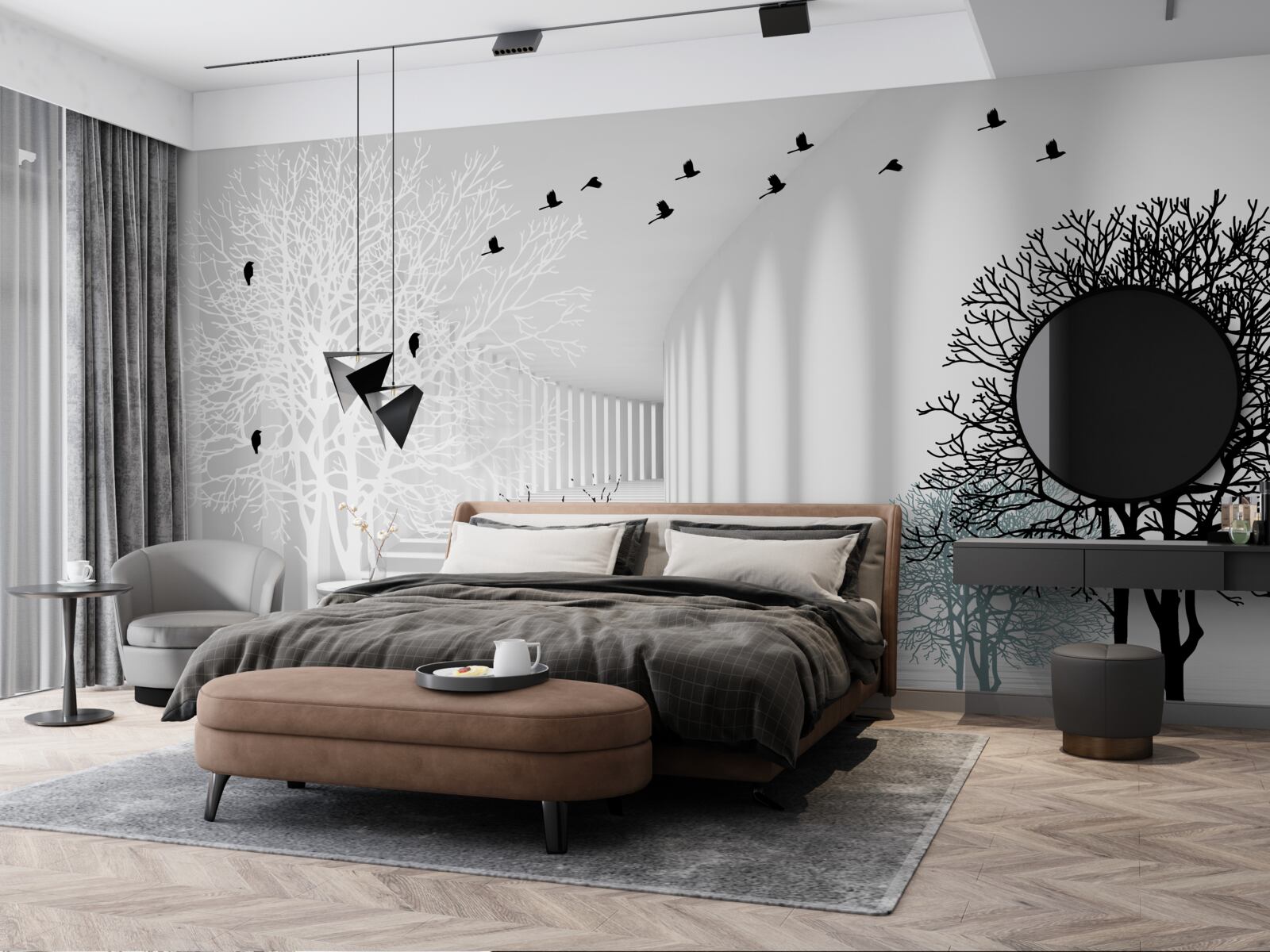 Фотошпалери дерева, що скинули листя, і птахи, які відлітають з приходом осені