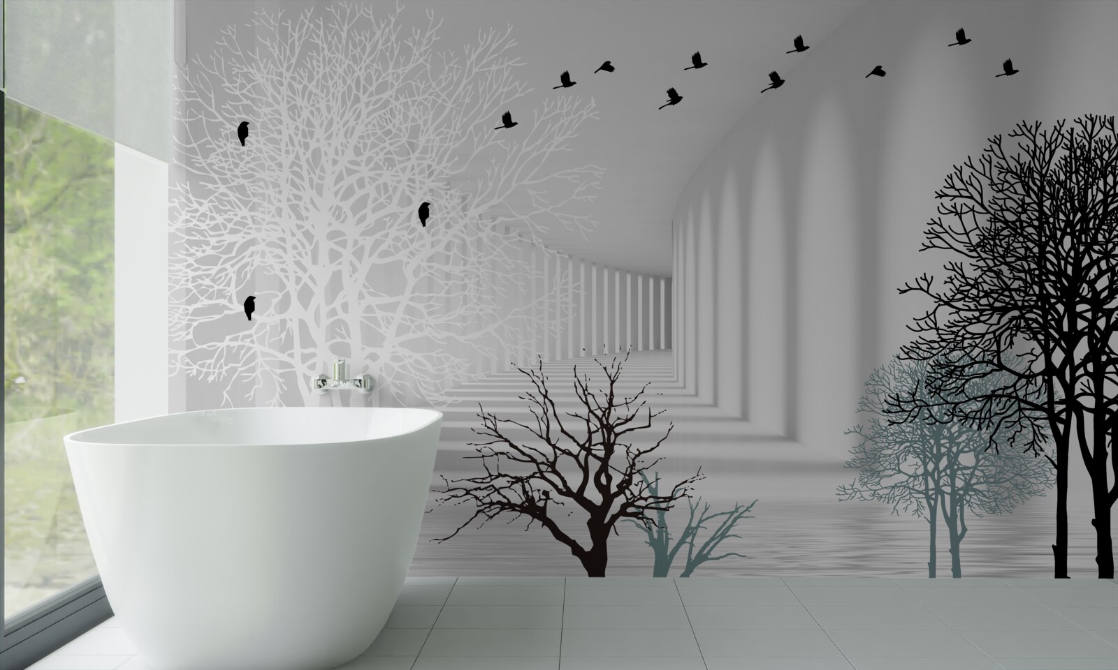 Фотошпалери дерева, що скинули листя, і птахи, які відлітають з приходом осені