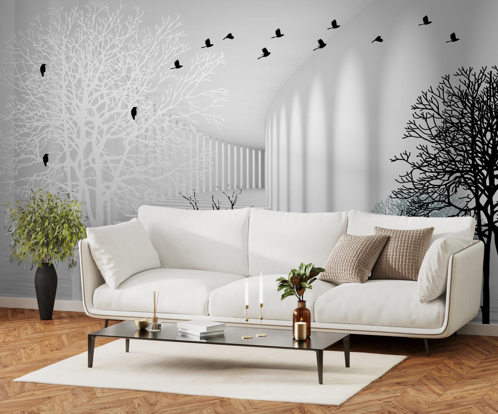 Фотошпалери дерева, що скинули листя, і птахи, які відлітають з приходом осені