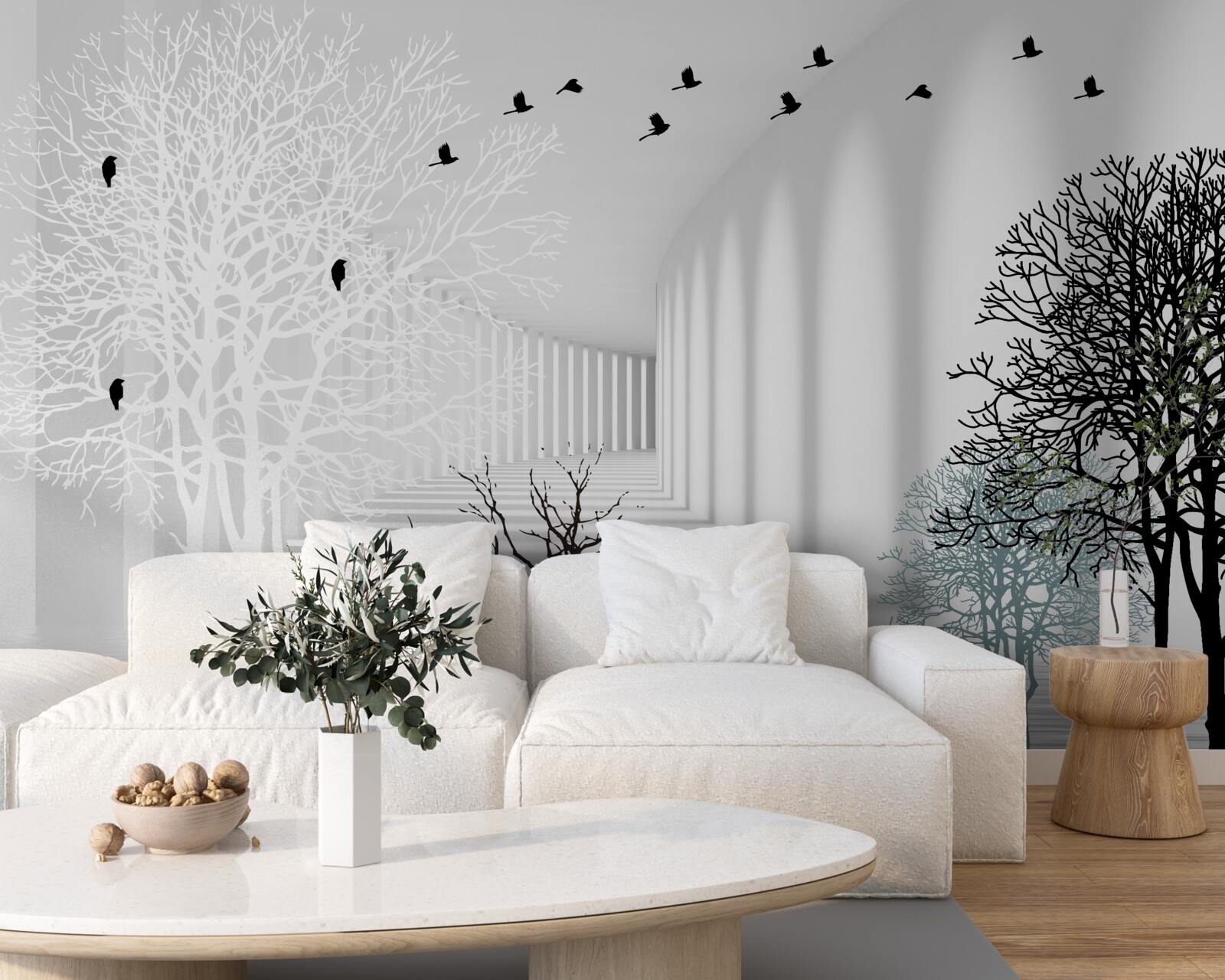 Фотошпалери дерева, що скинули листя, і птахи, які відлітають з приходом осені