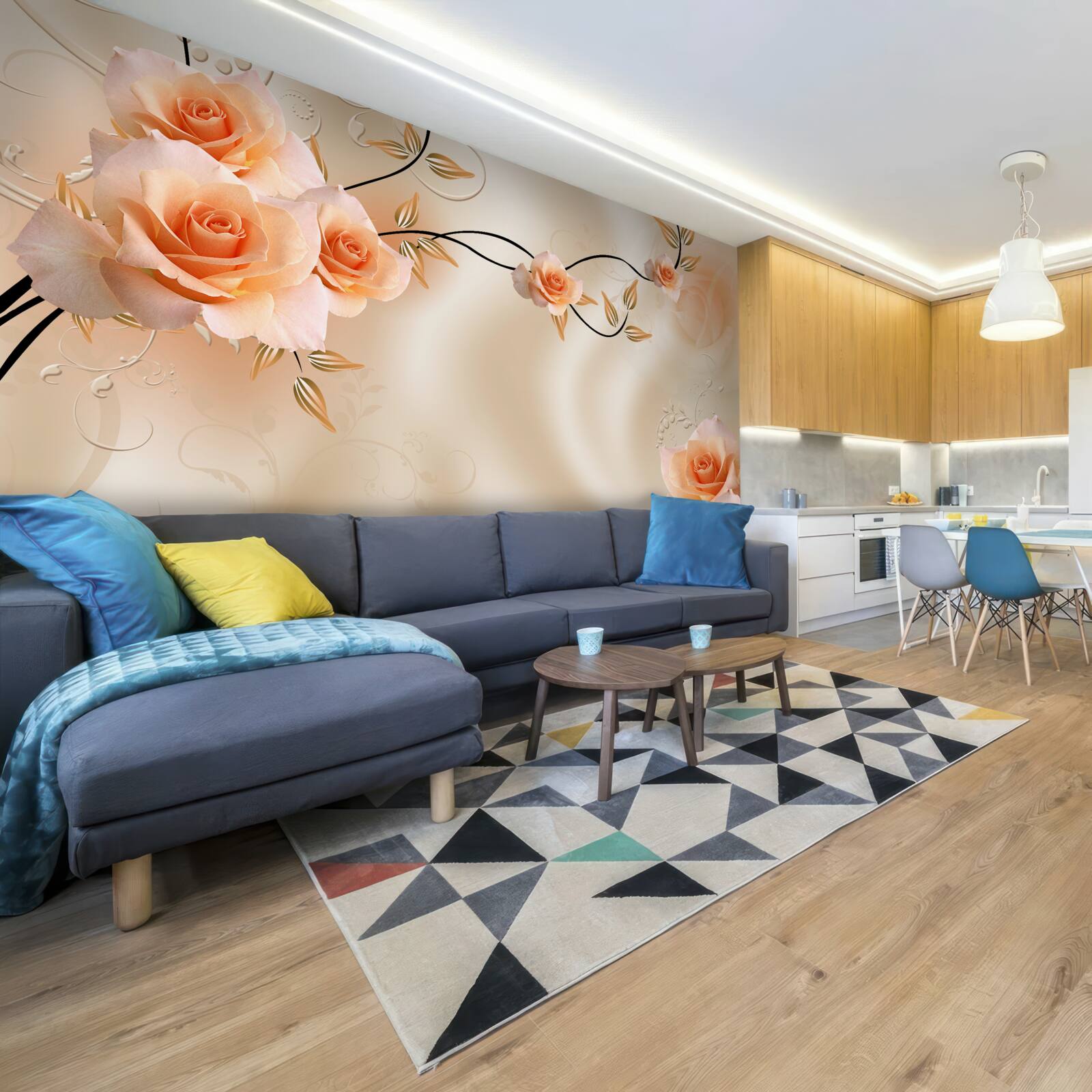 Фотошпалери шовк персикового кольору з рожевими квітами