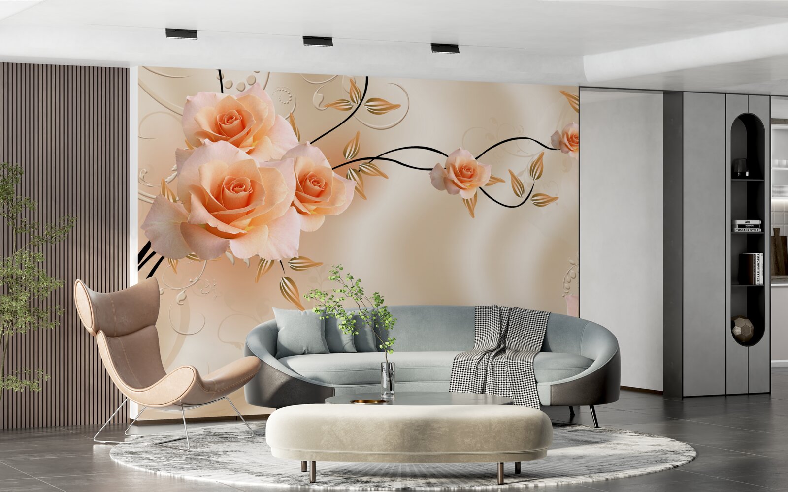 Фотошпалери шовк персикового кольору з рожевими квітами