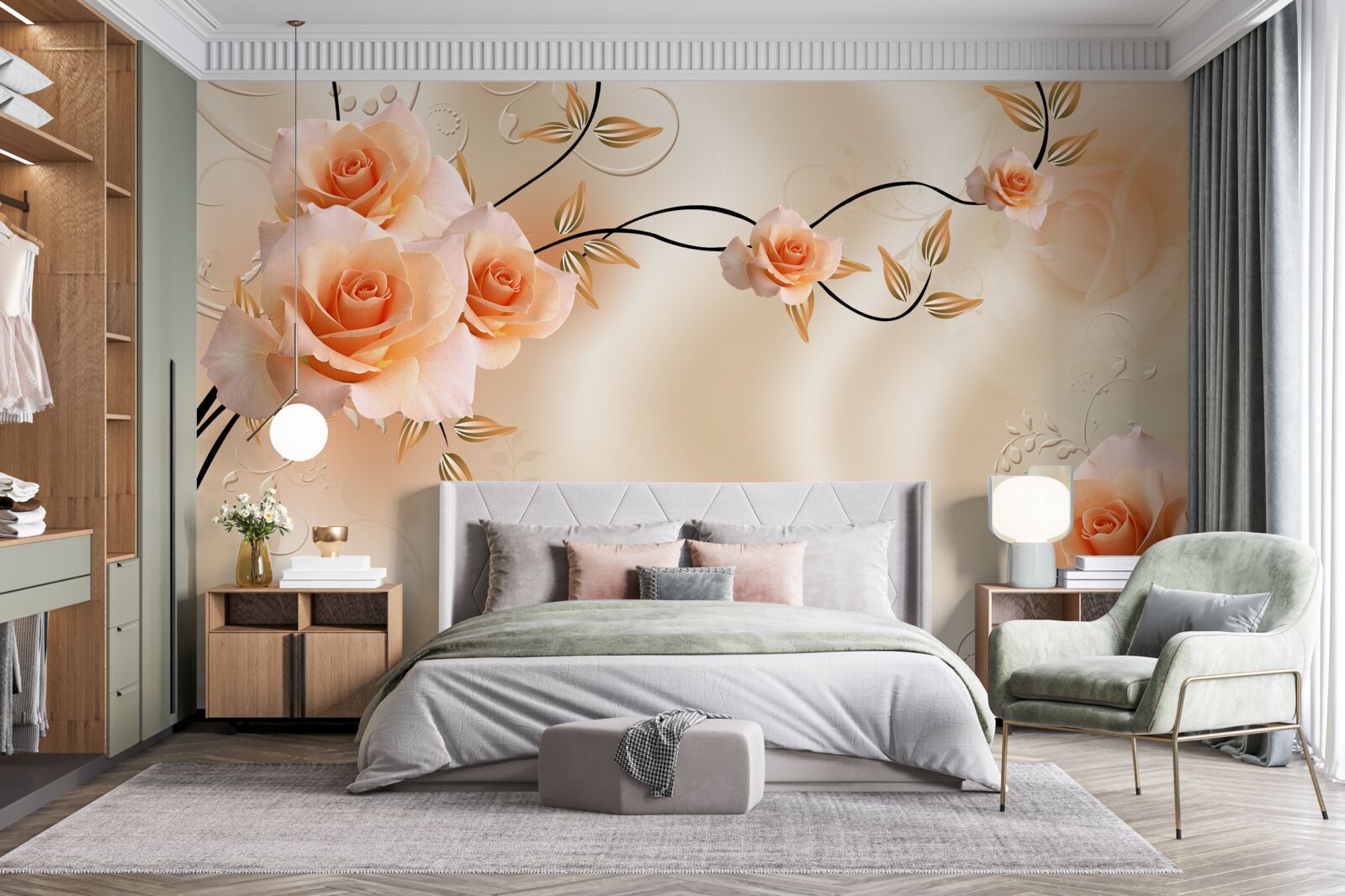 Фотошпалери шовк персикового кольору з рожевими квітами