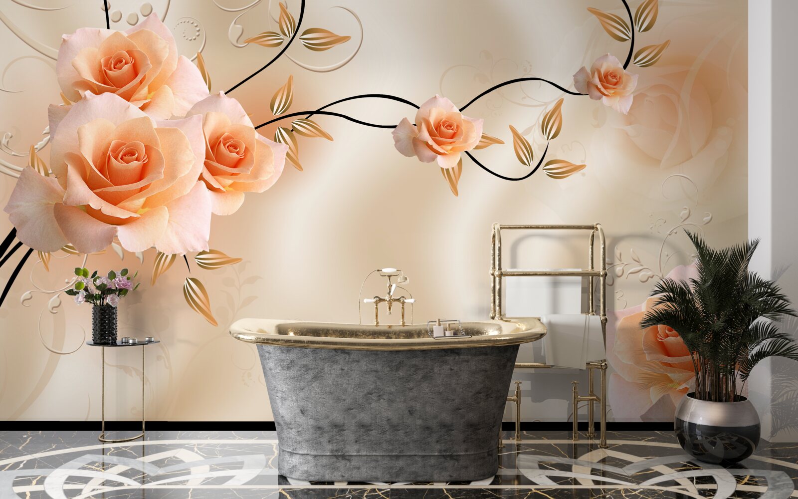 Фотошпалери шовк персикового кольору з рожевими квітами