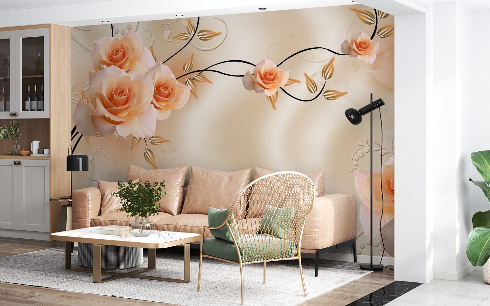 Фотошпалери шовк персикового кольору з рожевими квітами
