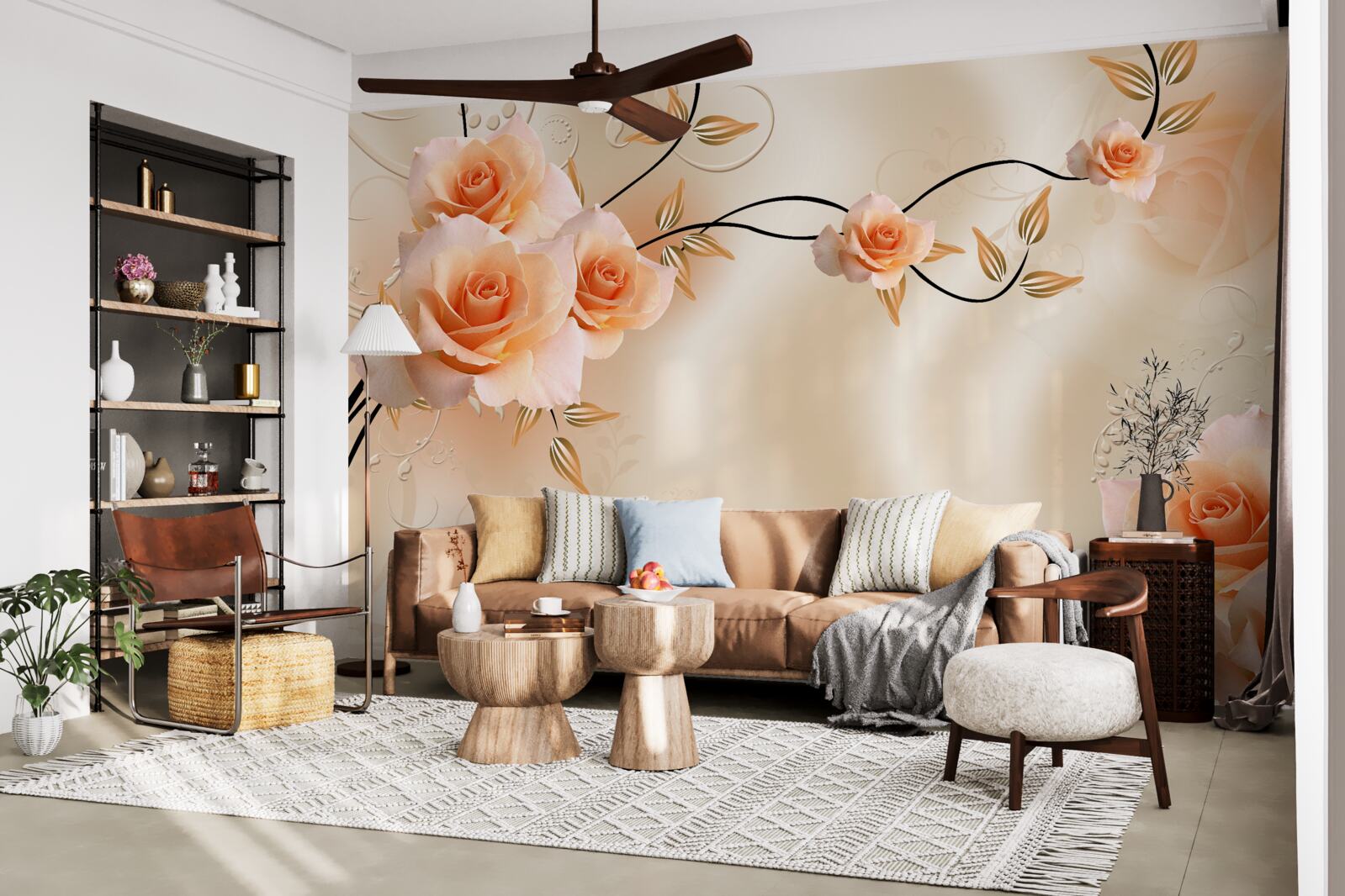 Фотошпалери шовк персикового кольору з рожевими квітами