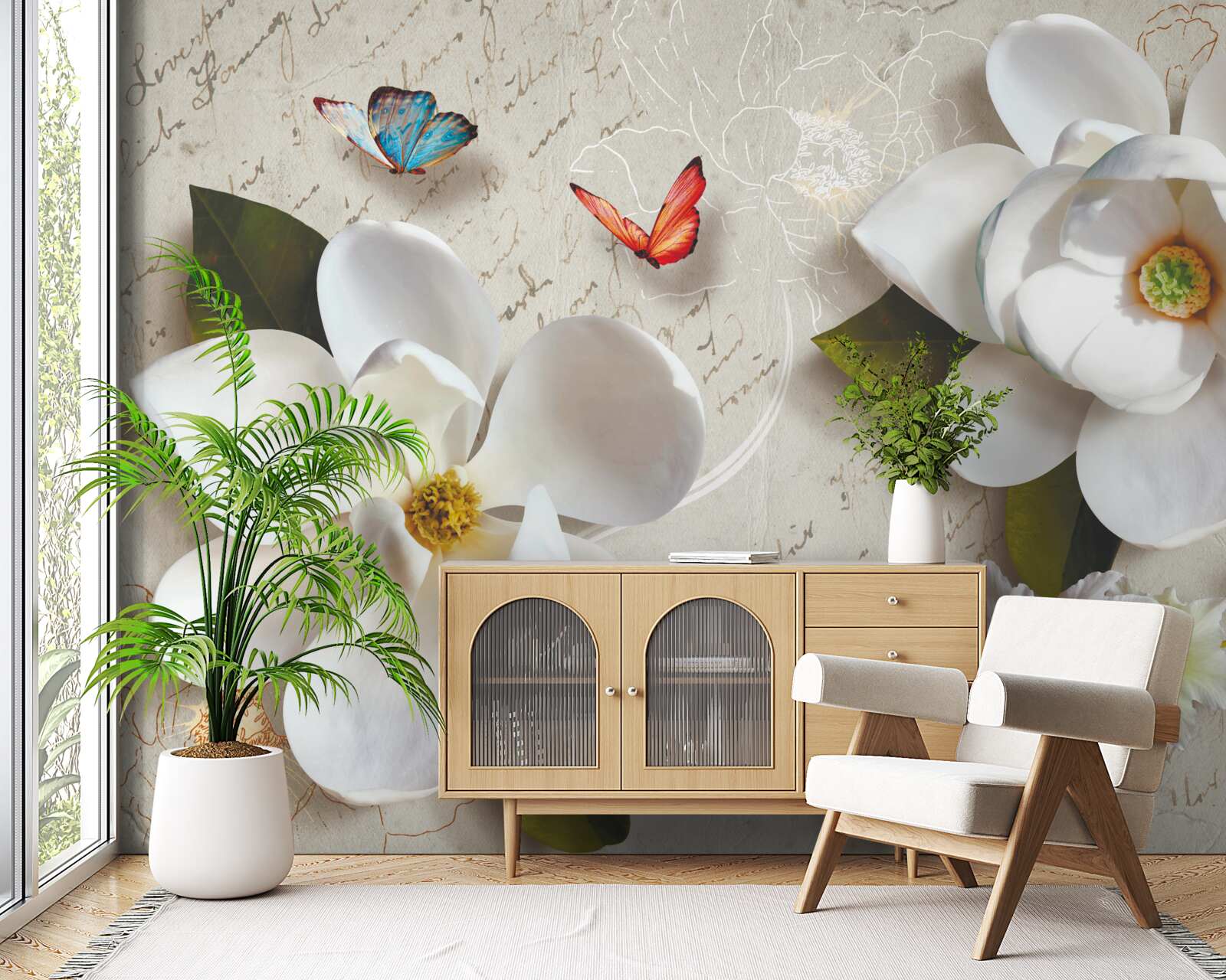 Фотошпалери білі лотоси з метеликами, ніжність яких хвилює душу