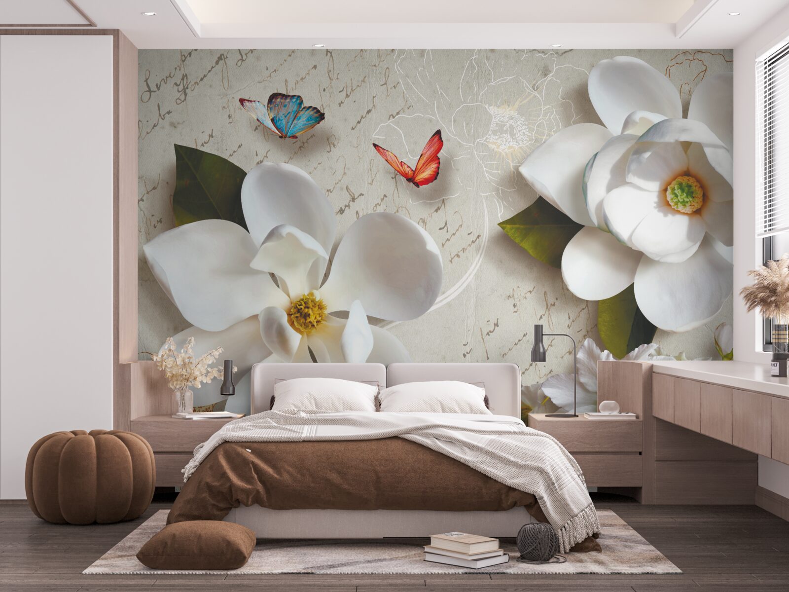 Фотошпалери білі лотоси з метеликами, ніжність яких хвилює душу