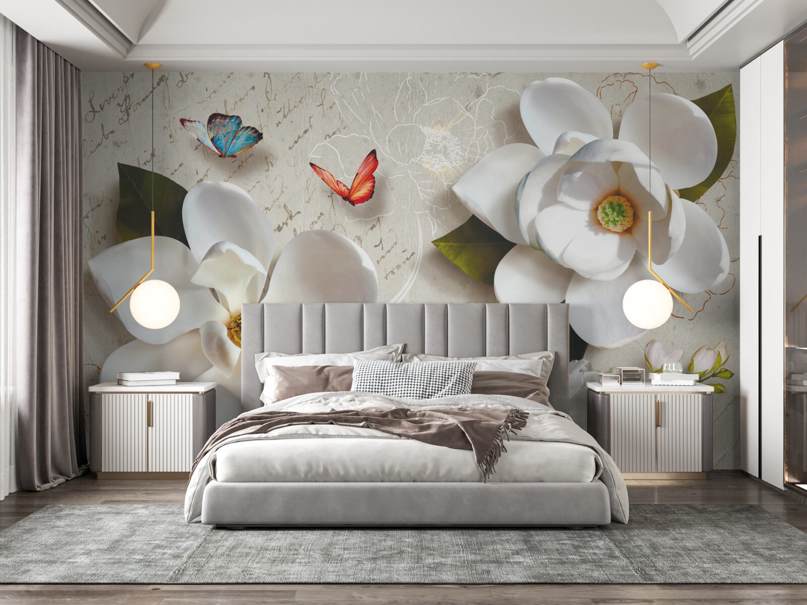 Фотошпалери білі лотоси з метеликами, ніжність яких хвилює душу