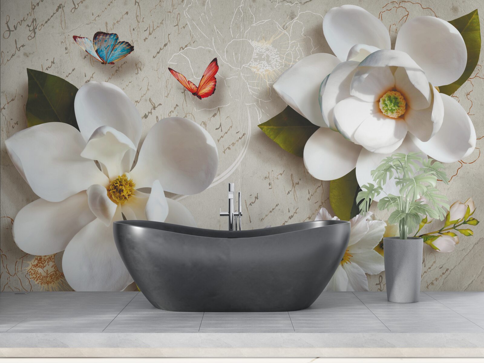 Фотошпалери білі лотоси з метеликами, ніжність яких хвилює душу