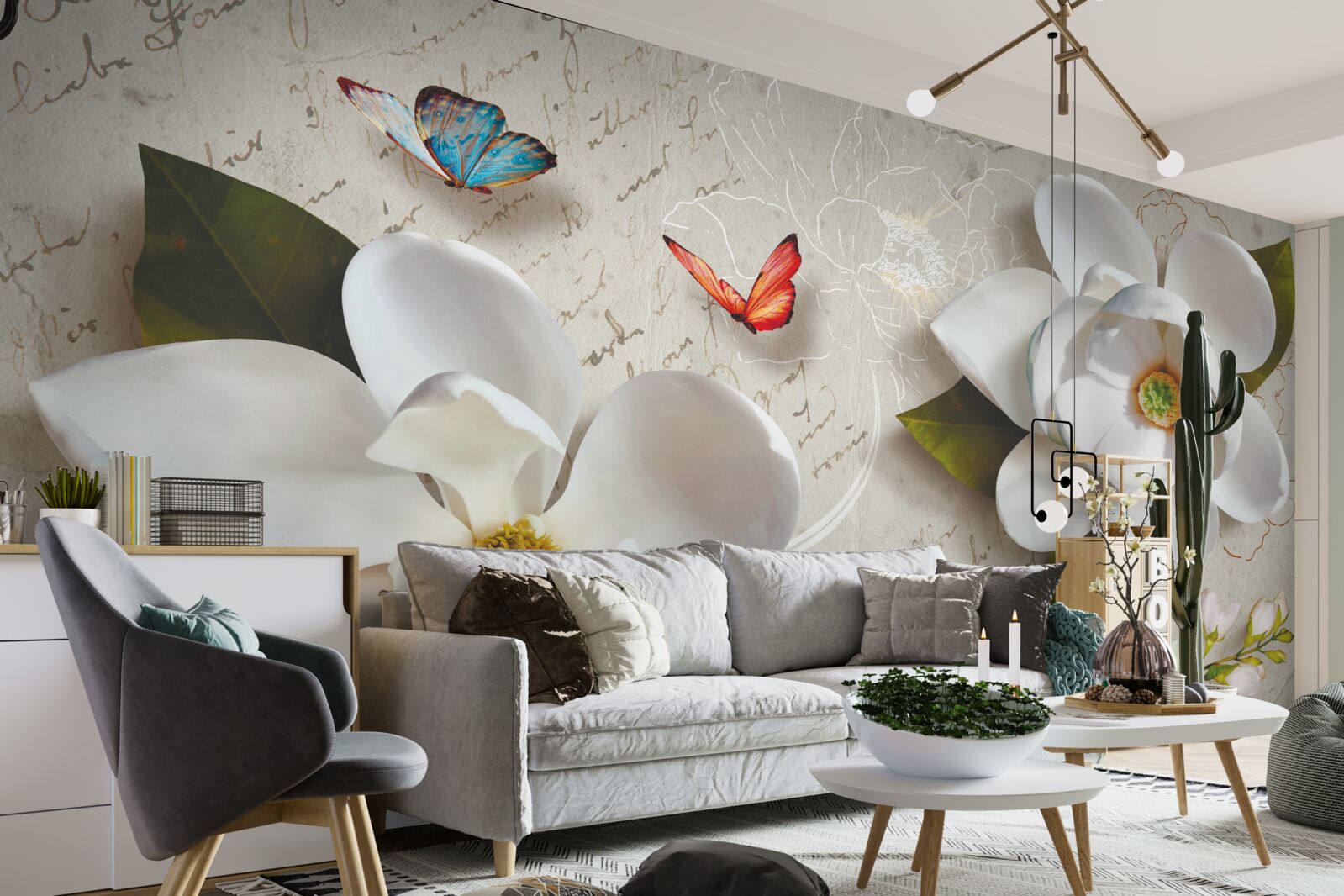 Фотошпалери білі лотоси з метеликами, ніжність яких хвилює душу