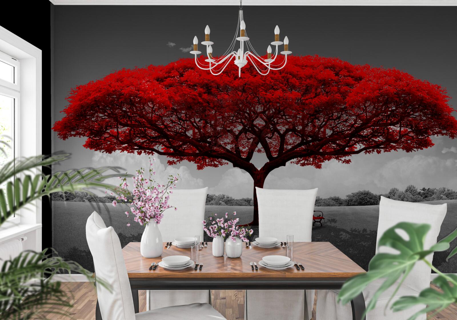 Фотошпалери Життя - це червоне дерево на сірій галявині