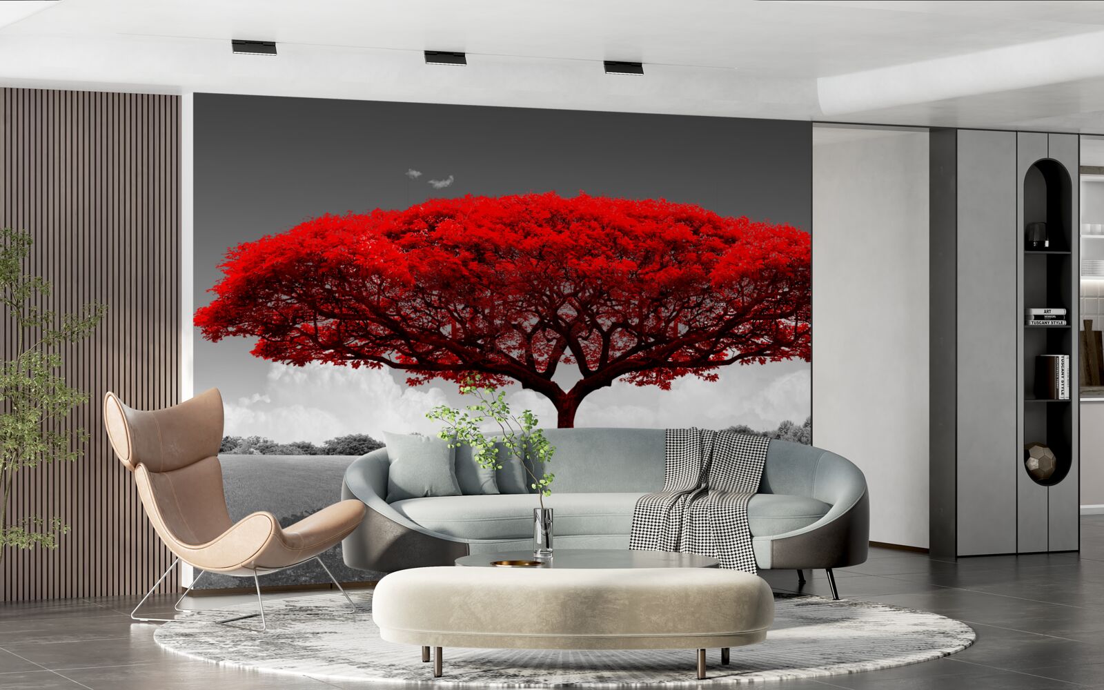 Фотошпалери Життя - це червоне дерево на сірій галявині