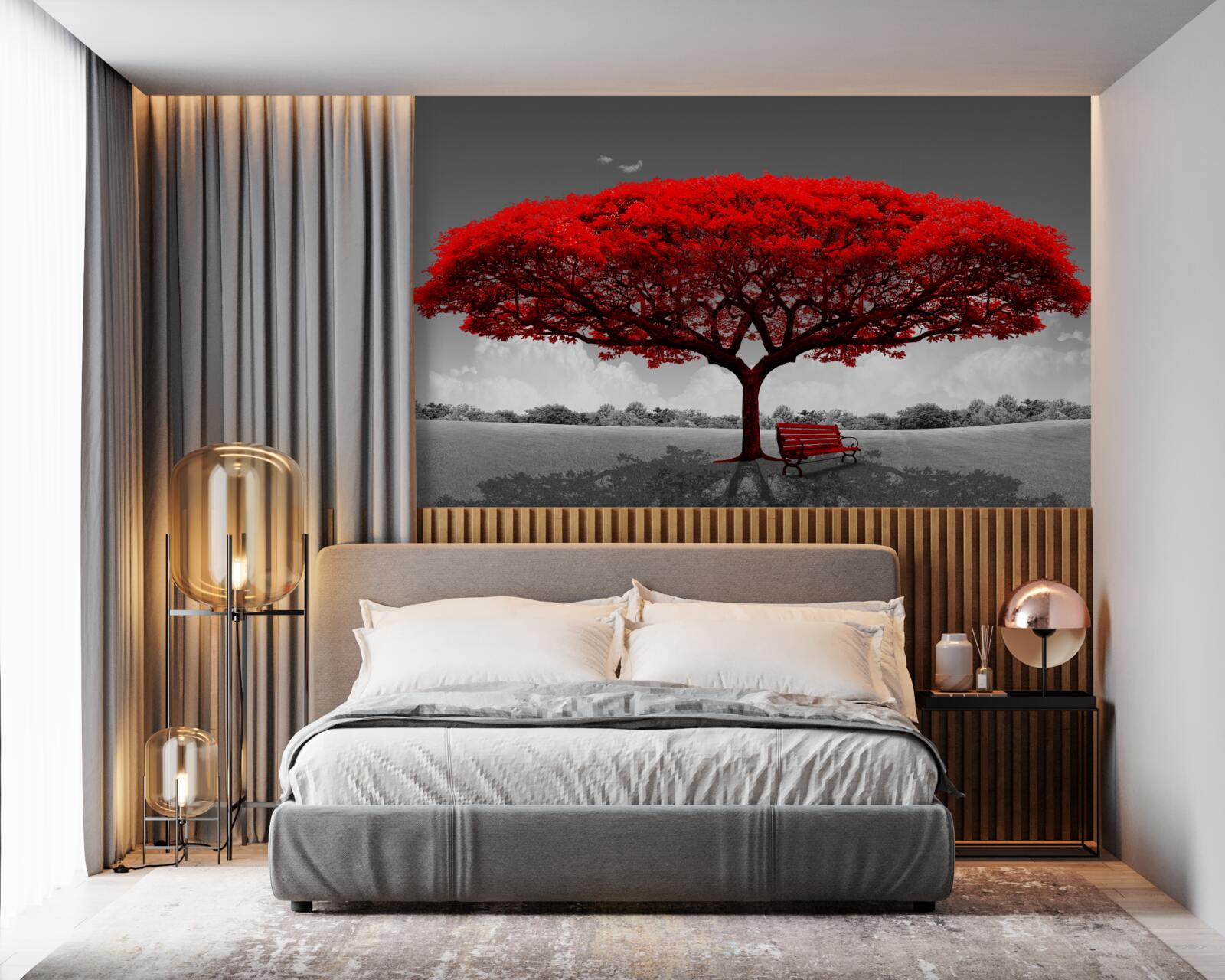 Фотошпалери Життя - це червоне дерево на сірій галявині
