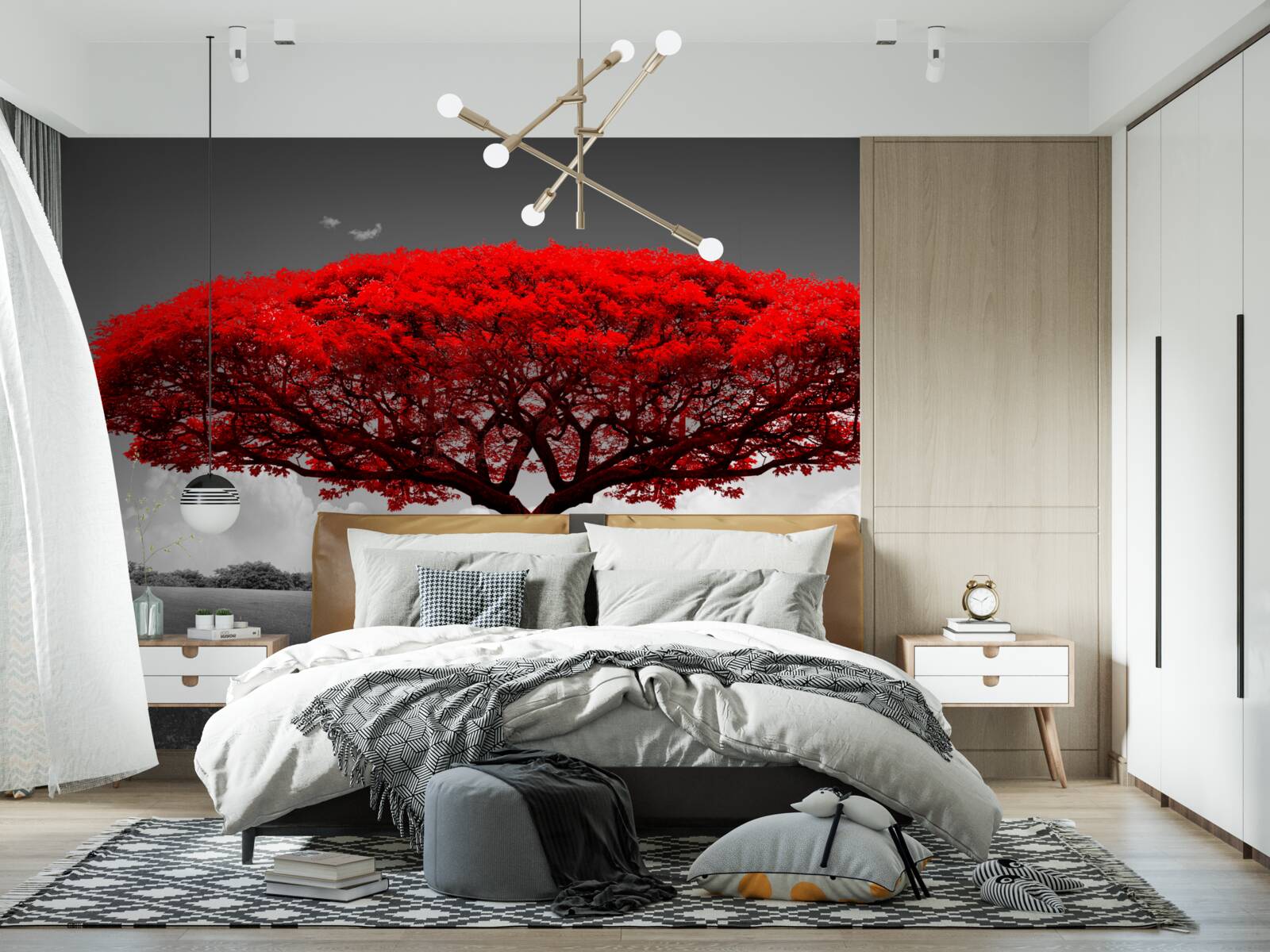 Фотошпалери Життя - це червоне дерево на сірій галявині