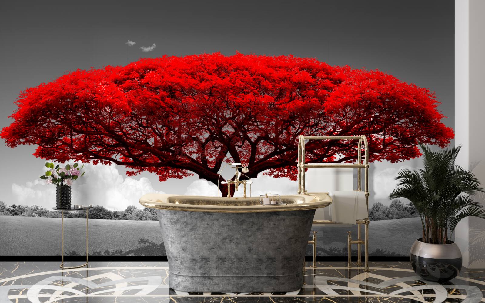 Фотошпалери Життя - це червоне дерево на сірій галявині
