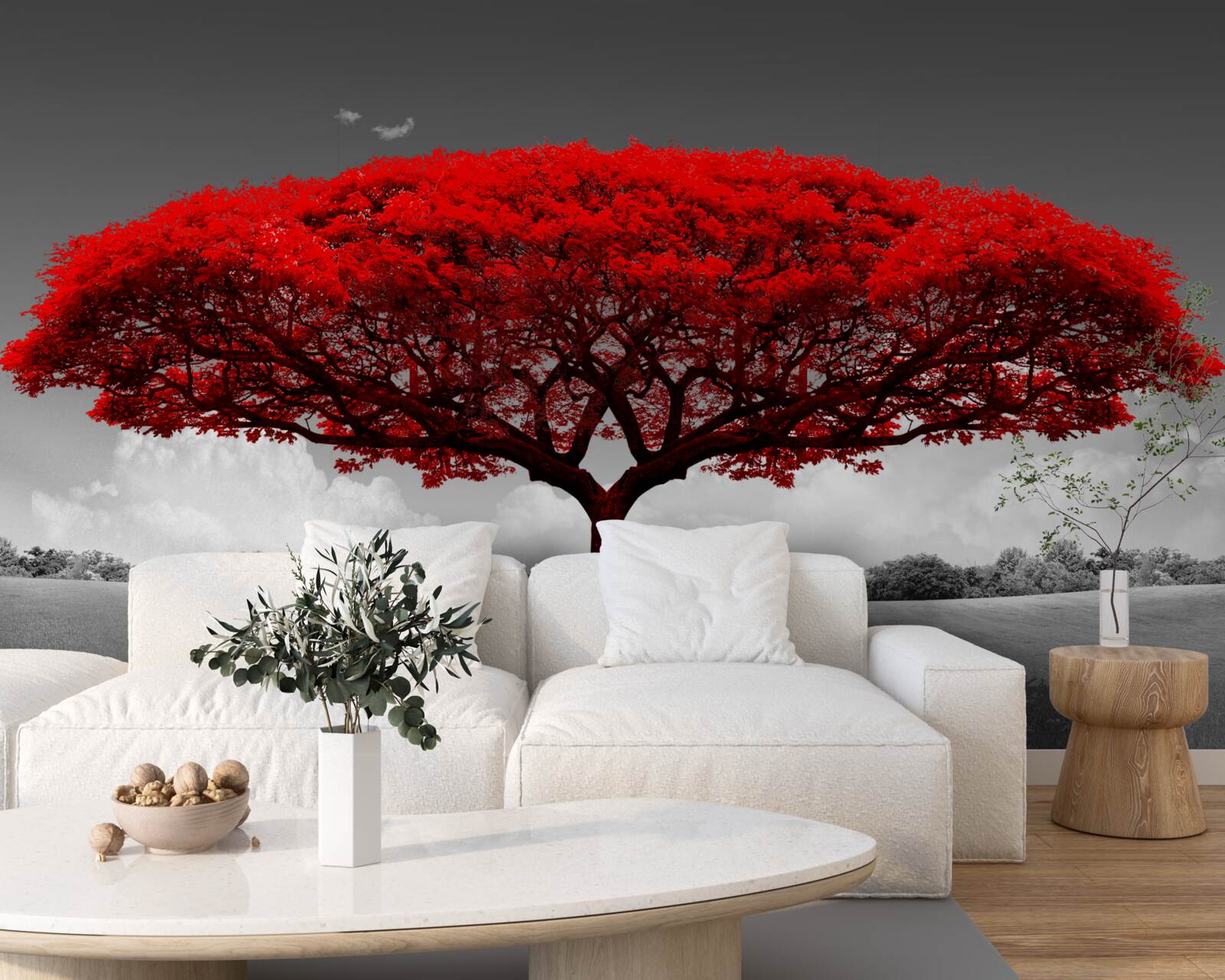 Фотошпалери Життя - це червоне дерево на сірій галявині